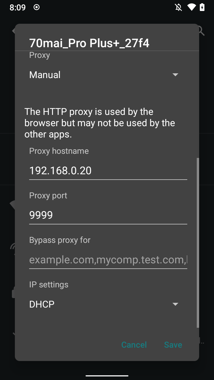 A screenshot of Android WiFi settings with the proxy set to my PC's IP address and port 9999