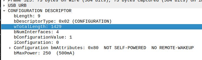 The configuration descriptor length of the Life-Cam 3000 as reported by Wireshark